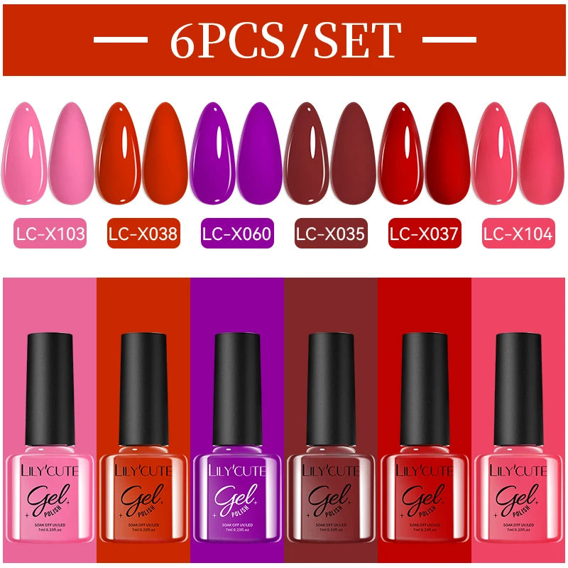 LILYCUE 6Pcs/Set Red Nude Glitter Gel Nail Polish Gorgeous Full Coverage Soak Off UV Gel Nail Art Base Top Coat Gel Polish Kits