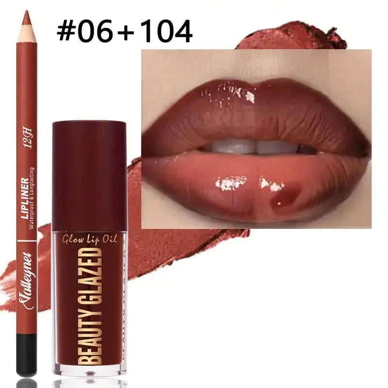 2pcs/SET Makeup Set: Matte Lip Liner + Moisturizing Colored Lip Oil,Long-Lasting and Easy to Color, Waterproof,ini Makeup Combo