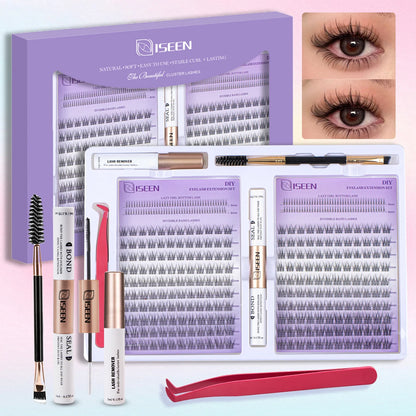 ISEEN DIY Eyelash Extension Kit Cluster Mix Eyelashes Full Set Lashes Kit with Lash Bond & Seal and Eyelash Tweezers and Brush