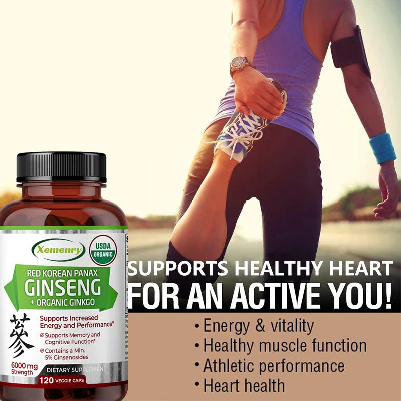 Korean Red Panax Ginseng + Ginkgo Biloba Capsules Increases Energy, Mood, Stamina & Performance, Supports Mental Health