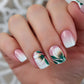 24pcs Short Square Press on Nails Jade Flower Sparkling Powder Designs Fake Nails with Glue Green Gradient Full Cover Nail Tips