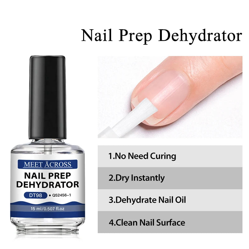 MEET ACROSS 15ml Glass Bottle Nail Primer Nail Prep Dehydrator Nail Polish Long Lasting Air Dry Semi Permanent Nail Art Varnish
