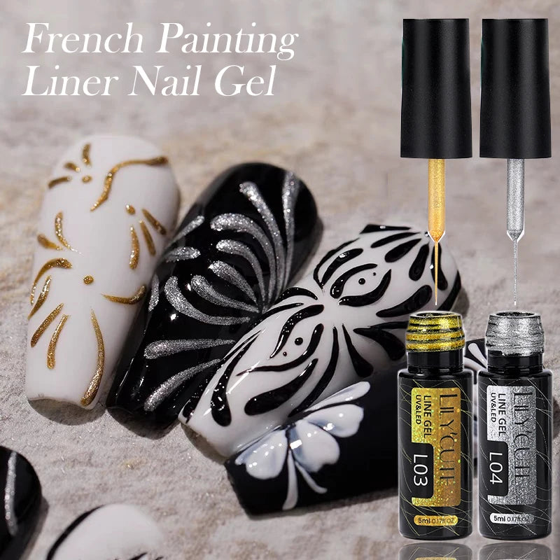 LILYCUTE 5ml Line Art Gel Nail Polish Gold Silver DIY Drawing Gel Reflective Glitter Design Semi Permanent Painting Gel Varnish