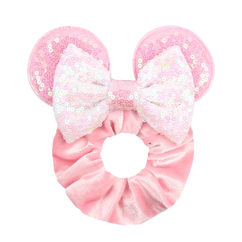 Disney Mouse Ears Velvet Scrunchies Hairband Women Elastic Ponytail Holder Girls Sequin Bow 2023 Kids Party DIY Hair Accessories