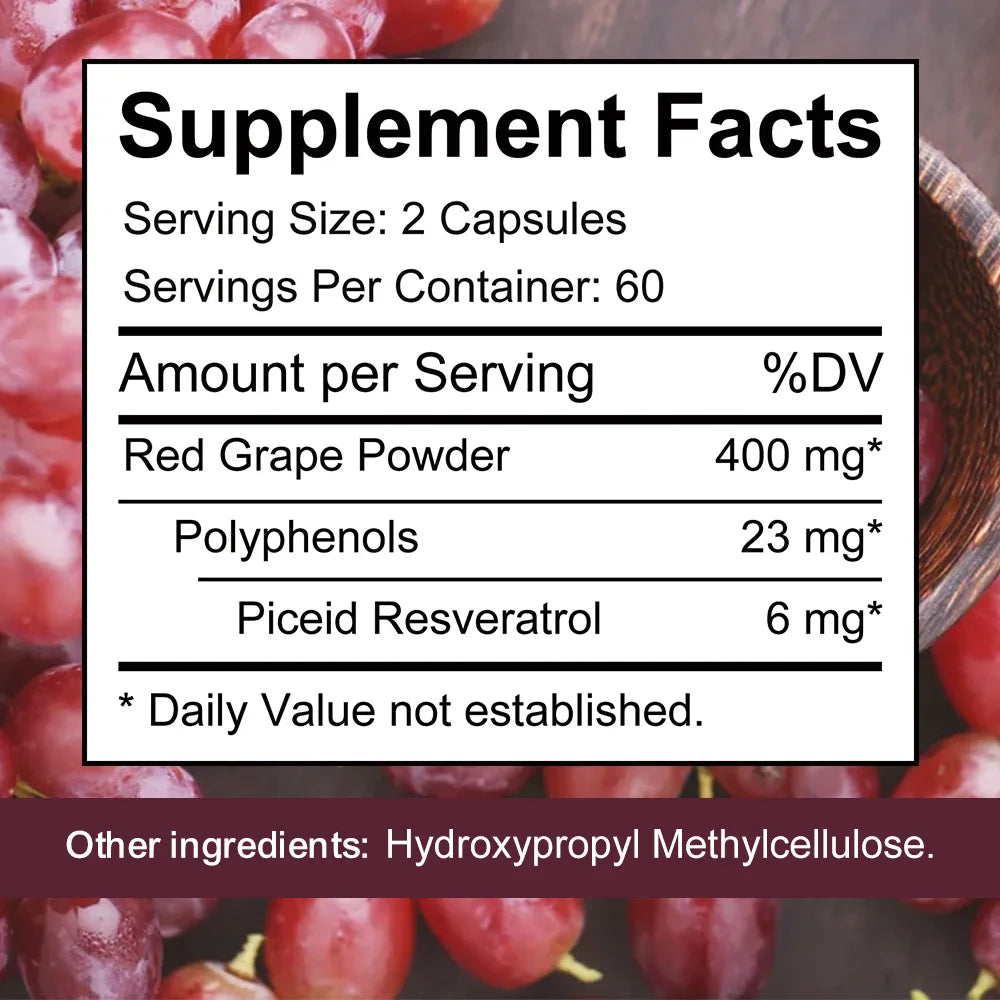 Red Grape Powder Capsules, 12-Hour Slow-Release Resveratrol for Fast Absorption, 120 Vegetarian Capsules