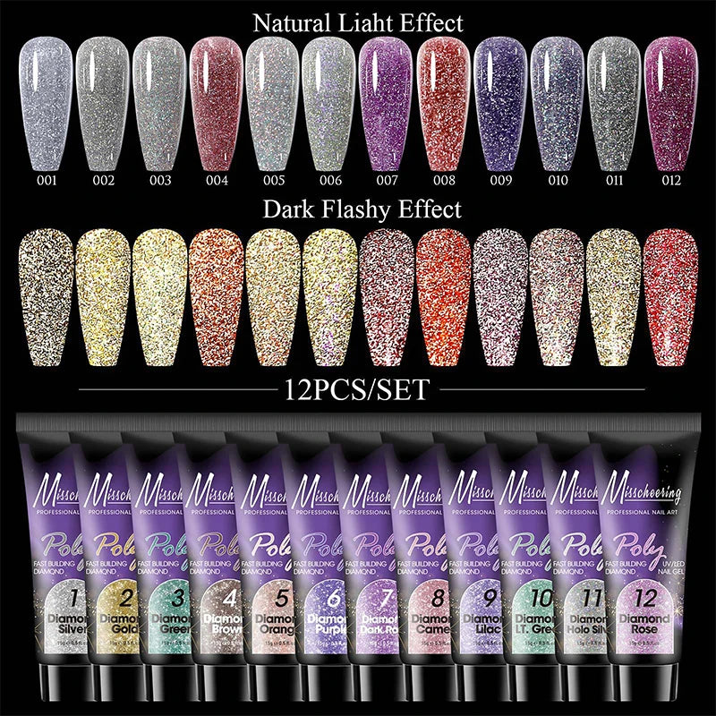 12pcs/set Extension Gel Nail Art Semi Permanent Acrylic Glitter Fluorescent Nude Colorful Fast Building Hybrid Varnish UV Nails
