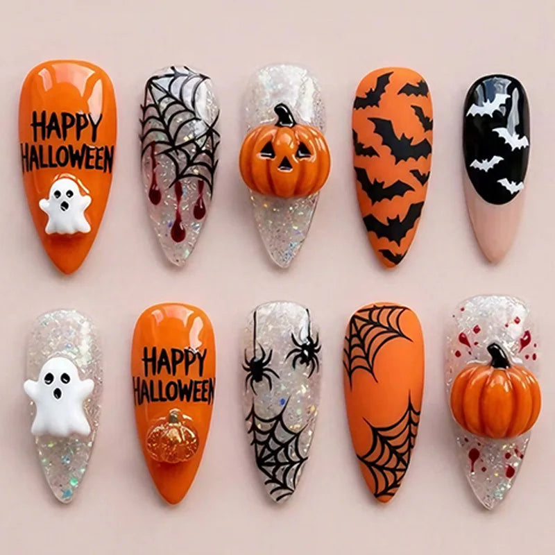 24Pcs 3D Pumpkin Ghost Press On Nails Halloween Almond False Nail Spider Web Bat Blood Design False Nail for Women&Girl