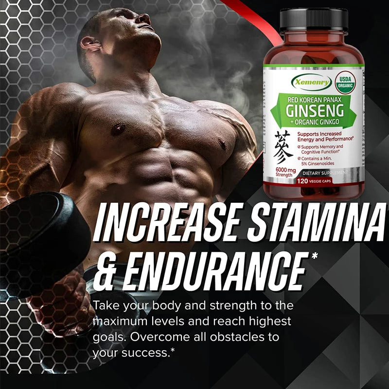 Korean Red Panax Ginseng + Ginkgo Biloba Capsules Increases Energy, Mood, Stamina & Performance, Supports Mental Health