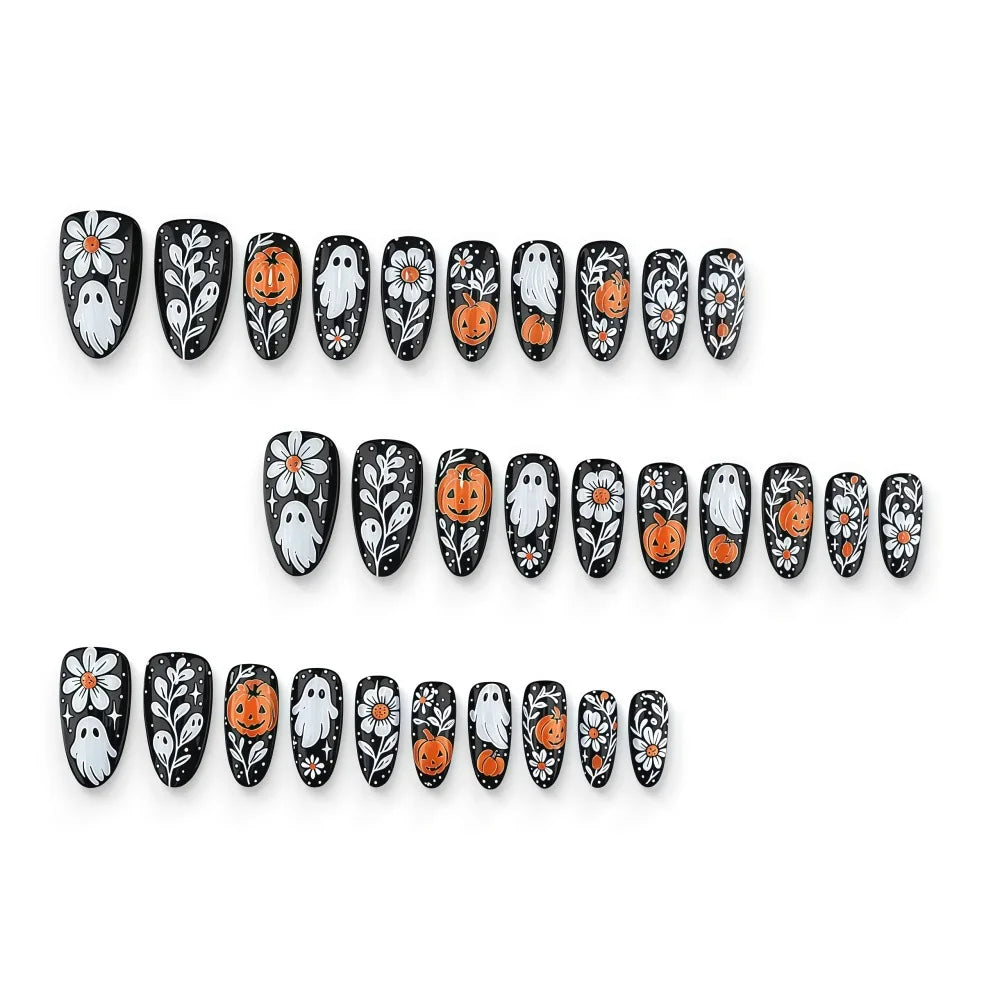 24pcs Halloween Press on Nails Sweet & Cool Jack-o'-Lantern Fake Nail Short Almond Cute & Cuddly Ghost False Nail for Women&Girl