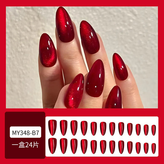 24pcs Glossy Red Cat's Eye Press On Nails Full Cover Nude Color Wearable Almond False Nails Charms Detachable Fake Nail For Girl