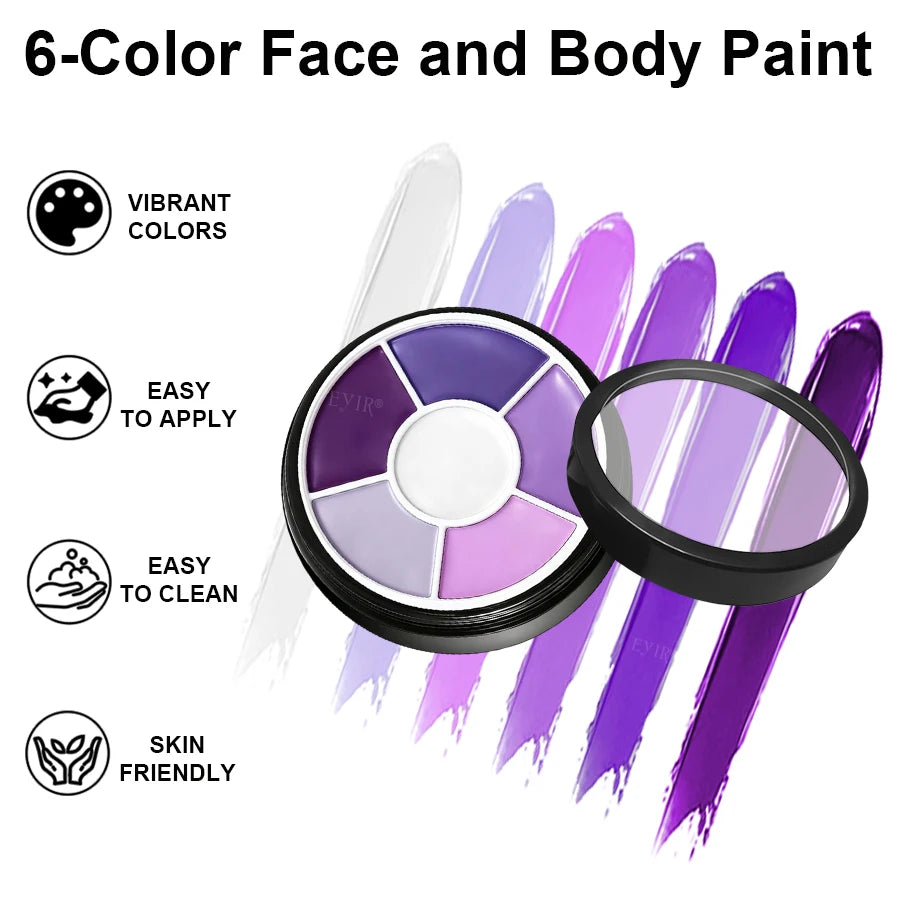 6 Colors Purple Face Body Paint Palette Water Activated SFX Makeup Kit With Brush Cosplay Halloween Party Festival Painting Set