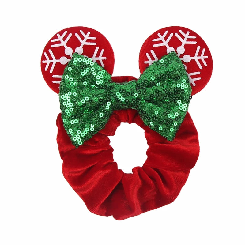 Disney Mouse Ears Velvet Scrunchies Hairband Women Elastic Ponytail Holder Girls Sequin Bow 2023 Kids Party DIY Hair Accessories