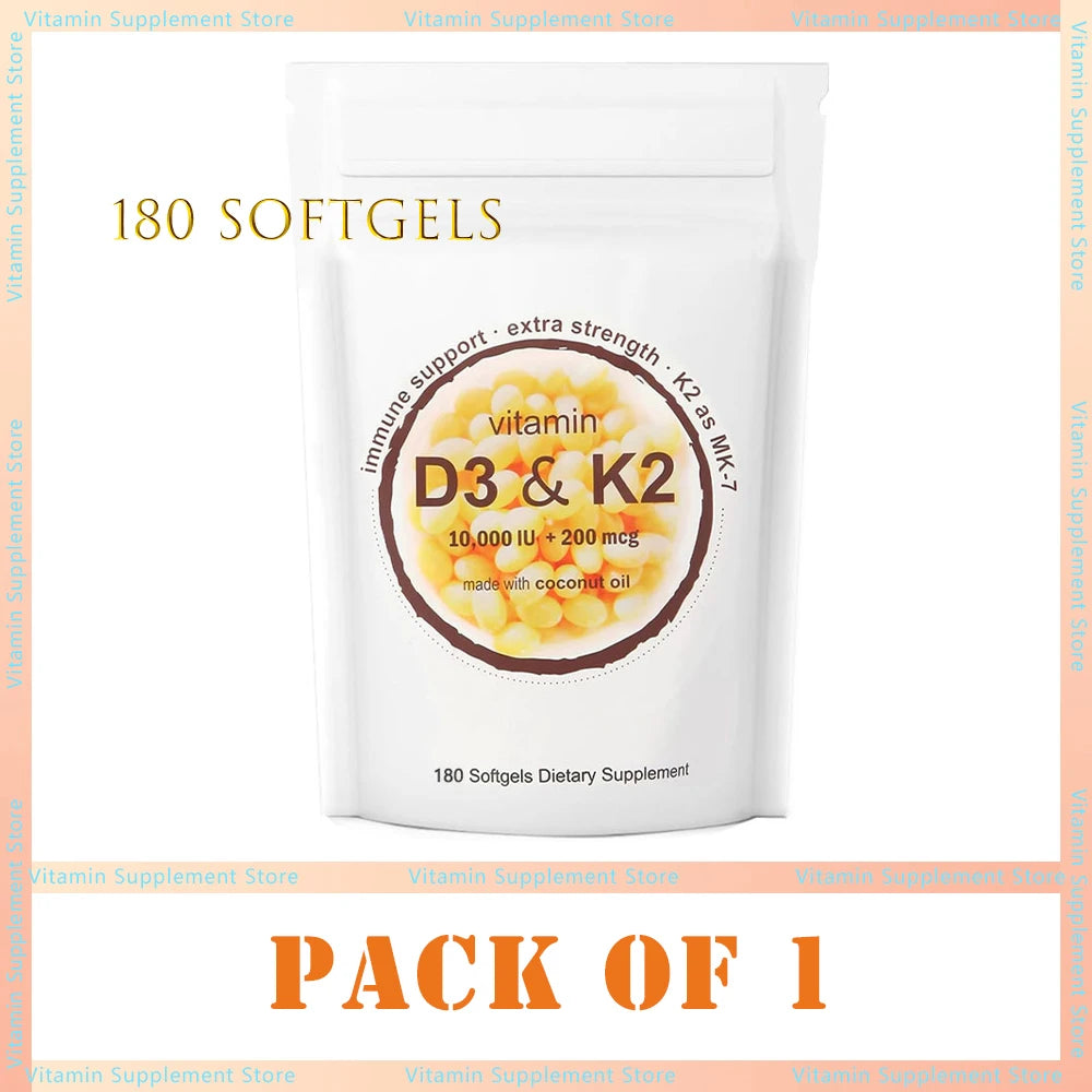 Vitamin D3 K2 10000 IU 300 Coconut Oil Softgels, 2 in 1 Vitamins Supplement D & K (MK7) Supports Calcium Absorption, Bone Health