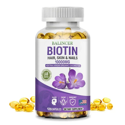 Balincer Biotin Supplement with Organic Coconut Oil - Supports Keratin for Healthier Hair & Skin, 10,000mcg, 30/60/120 Softgels