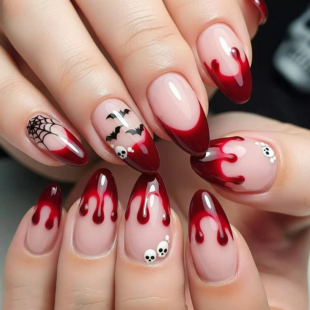 24pcs Halloween Blood French Fake Nail Tips Sweet Cool Bat Skeleton Pattern Round Almond Press on Nails Spider Web False Nail