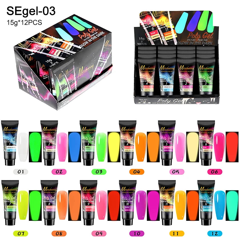 12pcs/set Extension Gel Nail Art Semi Permanent Acrylic Glitter Fluorescent Nude Colorful Fast Building Hybrid Varnish UV Nails
