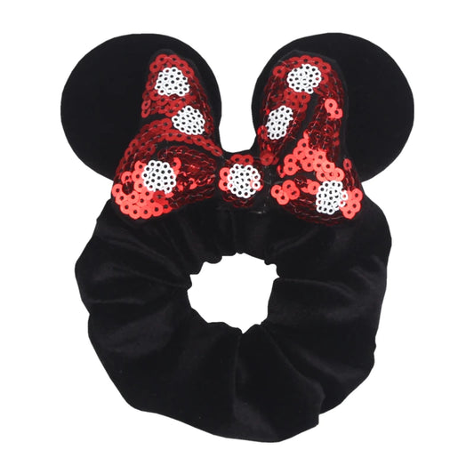 Disney Mouse Ears Velvet Scrunchies Hairband Women Elastic Ponytail Holder Girls Sequin Bow 2023 Kids Party DIY Hair Accessories