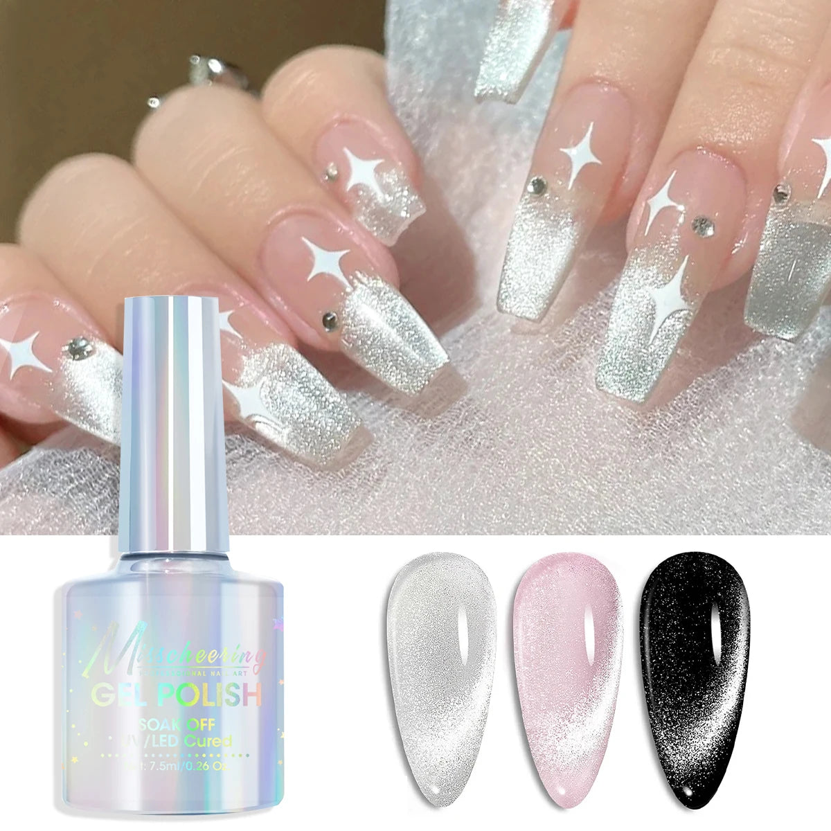 7.5ml Silver Water Gloss Cat Eye Tape Love Magnet Set UV/LED Super Bright Long-lasting Nail Art Gel Suitable for DIY Nail Salon