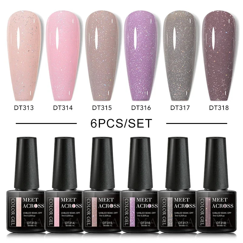 MEET ACROSS 6Pcs Gel Nail Polish Set Pink Red Green Macaron Color Manicure Kit For Nails UV Gel Nail Art Varnish Nail Supplies