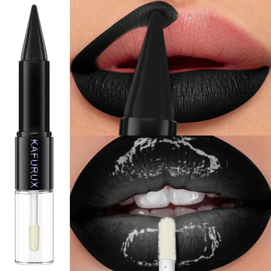 Black Matte 2 In 1  Double Head Lipstick Lip Coat Set Waterproof Coat 24HR Korean Makeup Gifts High Pigment Lip Tint Plumper