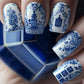 24pcs Short Square Press on Nails Jade Flower Sparkling Powder Designs Fake Nails with Glue Green Gradient Full Cover Nail Tips