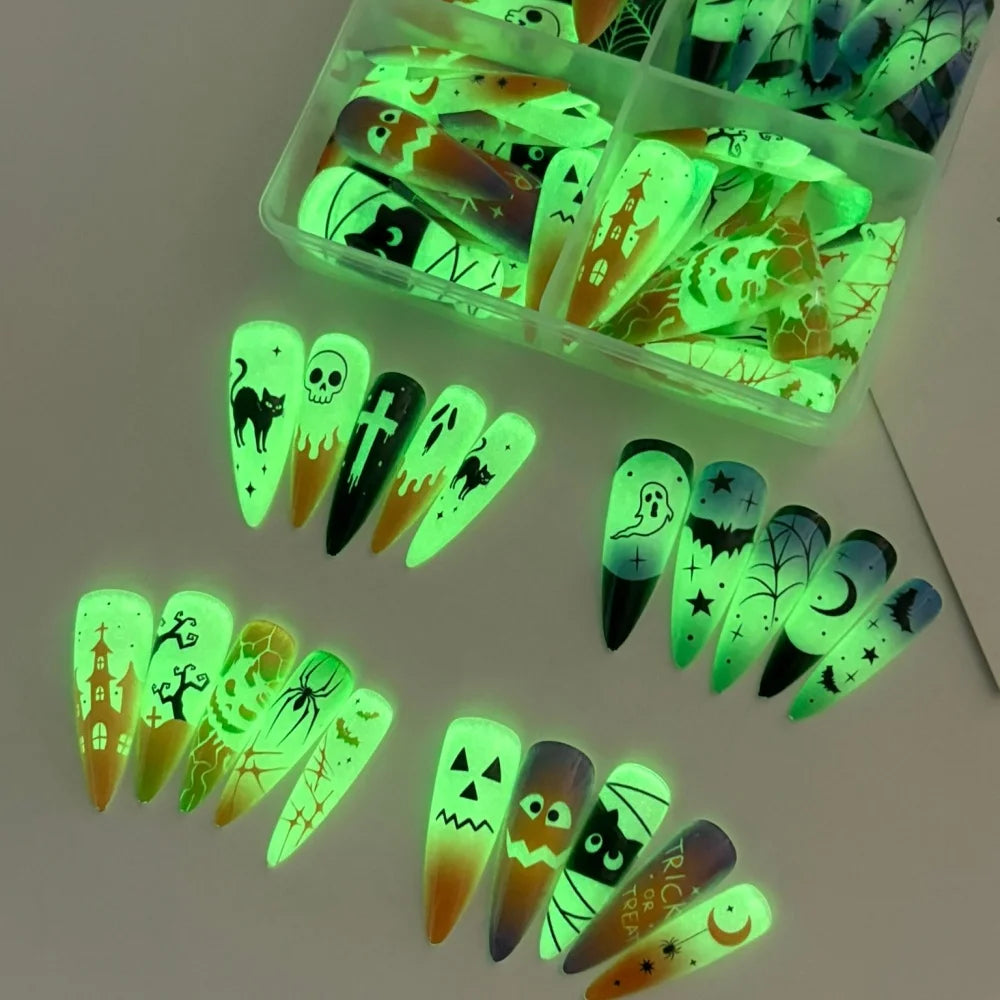 96Pcs Luminous Halloween Press On Nails Stiletto Ghost Skull Spider False Nail Acrylic Nail Art Cosplay Costume Party Night Club