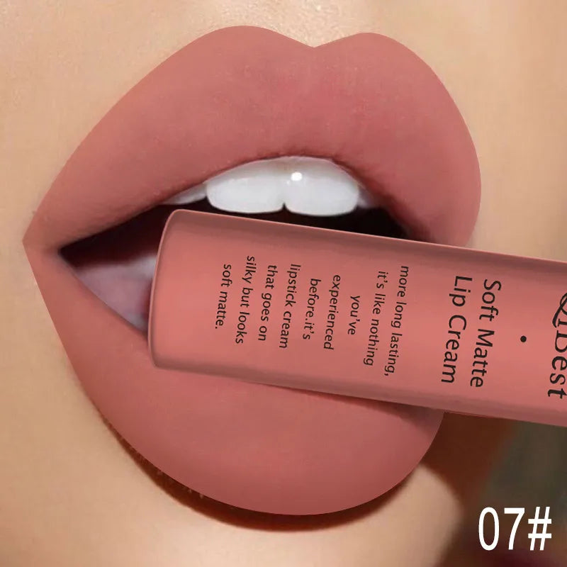 QIBEST Matte Liquid Lipstick Waterproof Lasting Velvet Lip Gloss Tint Tube Nude Pigment Red Black Purple Orange Lipsticks Makeup