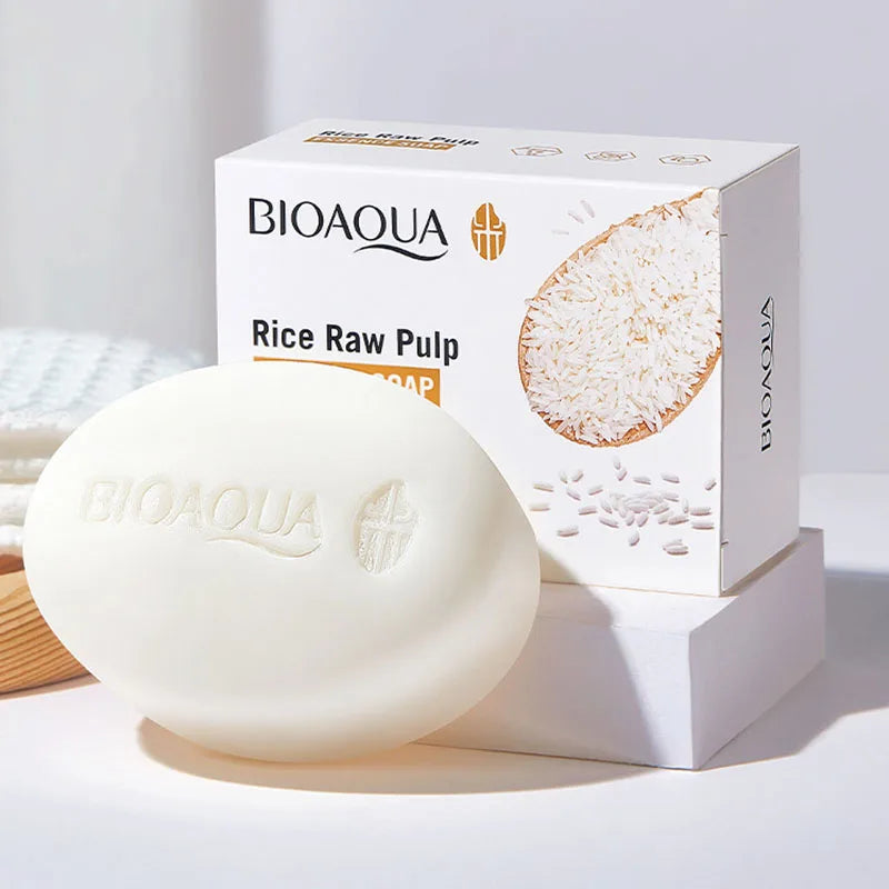 BIOAQUA White Rice Raw Pulp Facial Soap Face Wash Foam Solid Facial Cleanser Moisturizing Whitening Body Bathing Handmade Soap