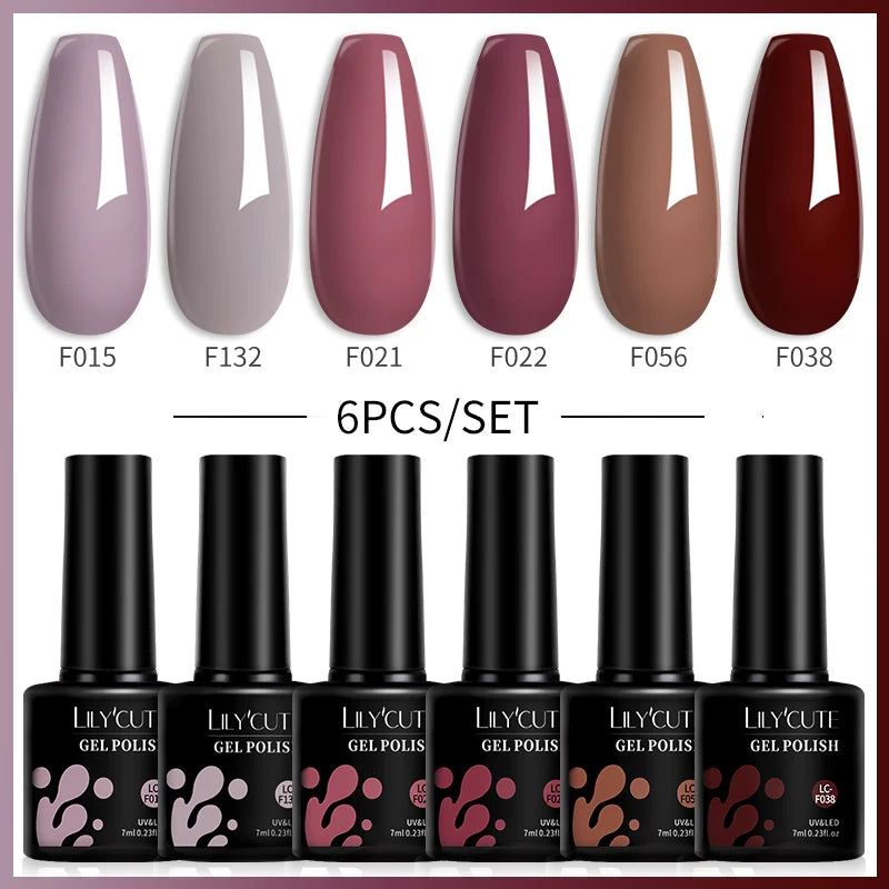 LILYCUE 6Pcs/Set Red Nude Glitter Gel Nail Polish Gorgeous Full Coverage Soak Off UV Gel Nail Art Base Top Coat Gel Polish Kits