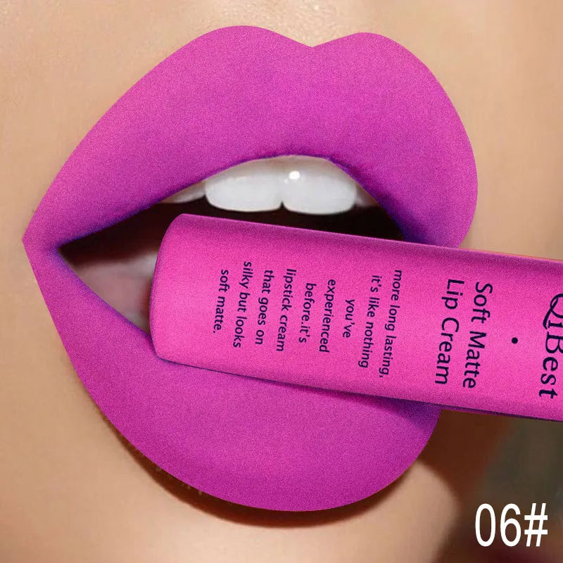QIBEST Matte Liquid Lipstick Waterproof Lasting Velvet Lip Gloss Tint Tube Nude Pigment Red Black Purple Orange Lipsticks Makeup