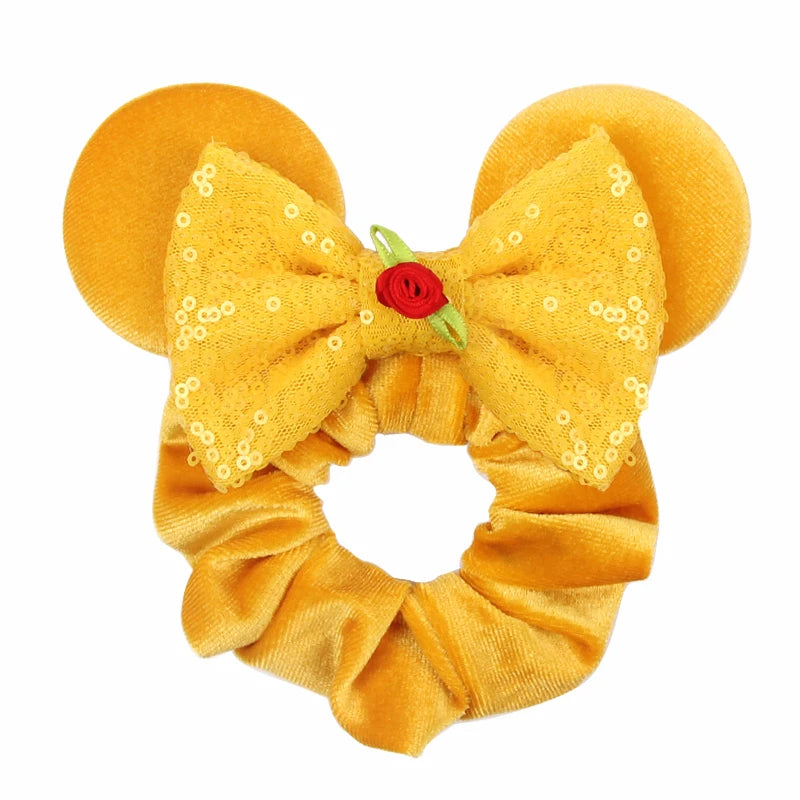 Disney Mouse Ears Velvet Scrunchies Hairband Women Elastic Ponytail Holder Girls Sequin Bow 2023 Kids Party DIY Hair Accessories
