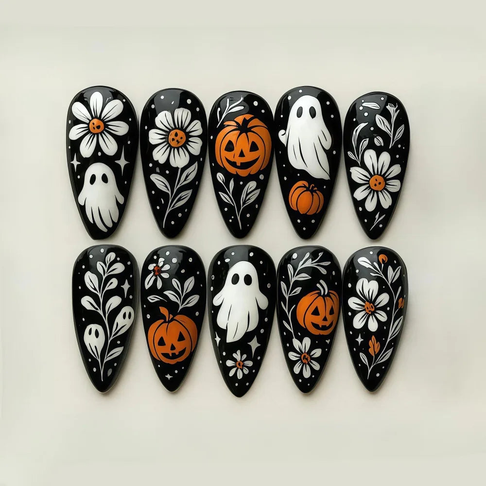 24pcs Halloween Press on Nails Sweet & Cool Jack-o'-Lantern Fake Nail Short Almond Cute & Cuddly Ghost False Nail for Women&Girl