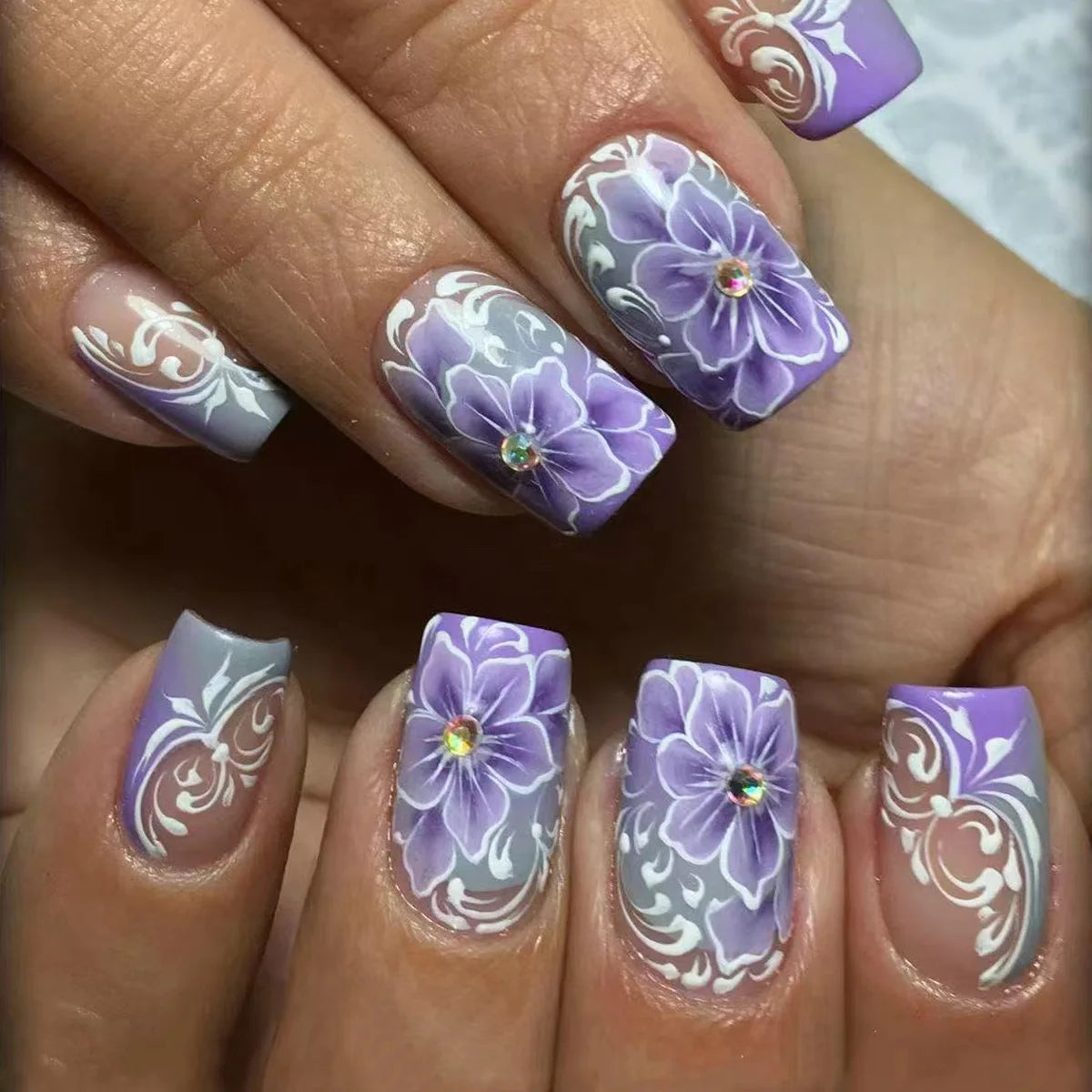 24pcs Short Square Press on Nails Jade Flower Sparkling Powder Designs Fake Nails with Glue Green Gradient Full Cover Nail Tips