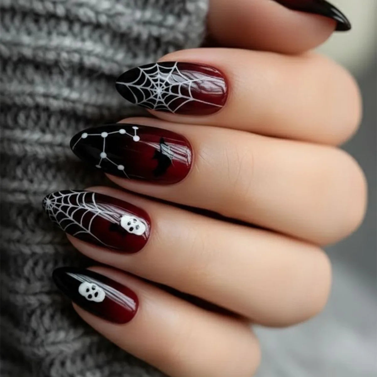 24pcs Halloween Blood French Fake Nail Tips Sweet Cool Bat Skeleton Pattern Round Almond Press on Nails Spider Web False Nail