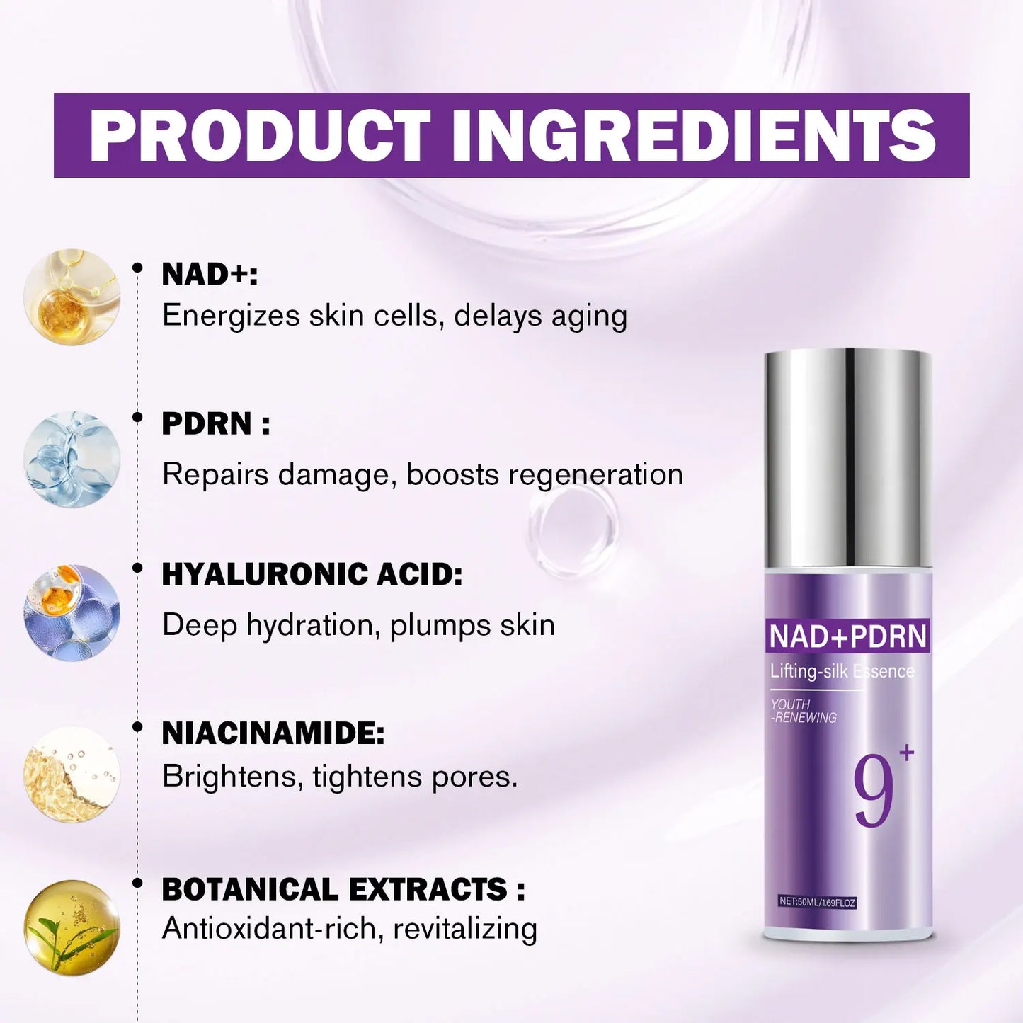 9+ NAD+ PDRN Lifting-sil Essence for Women Firming Anti-aging, Fade Fine Lines NAD+ Serum& Toner for Dull Skin 50ML