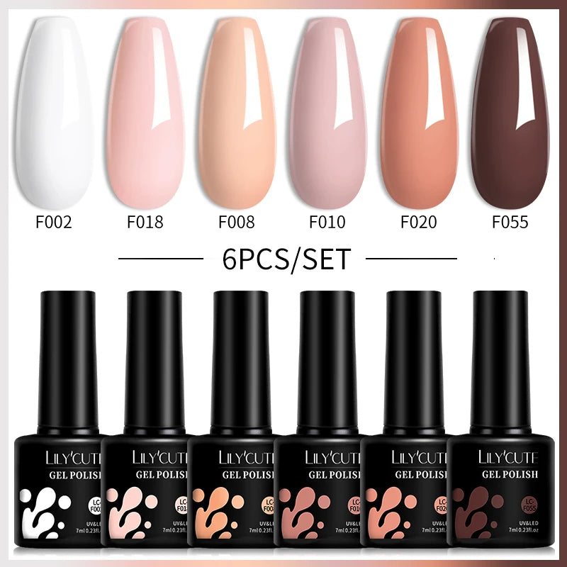 LILYCUE 6Pcs/Set Red Nude Glitter Gel Nail Polish Gorgeous Full Coverage Soak Off UV Gel Nail Art Base Top Coat Gel Polish Kits