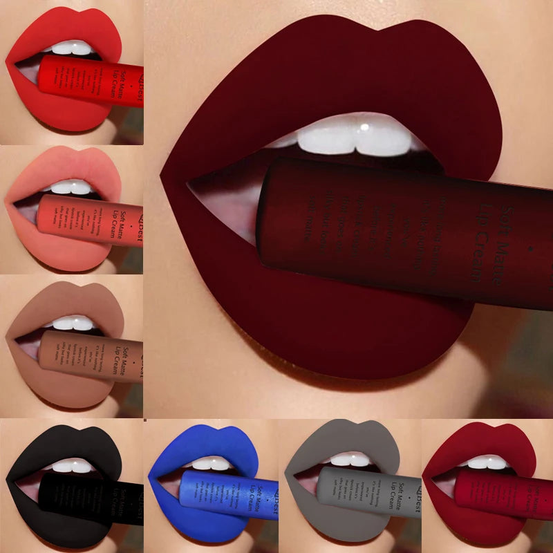 QIBEST Matte Liquid Lipstick Waterproof Lasting Velvet Lip Gloss Tint Tube Nude Pigment Red Black Purple Orange Lipsticks Makeup
