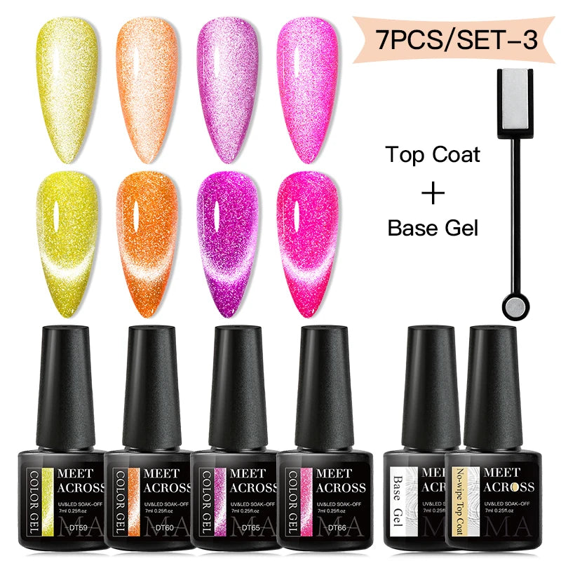 MEET ACROSS 7Pcs/Set Cat Magic Magnetic Gel Nail Polish Sparking Semi-Transparent Sea Blue Effect Soak Off UV Gel Varnish Kit