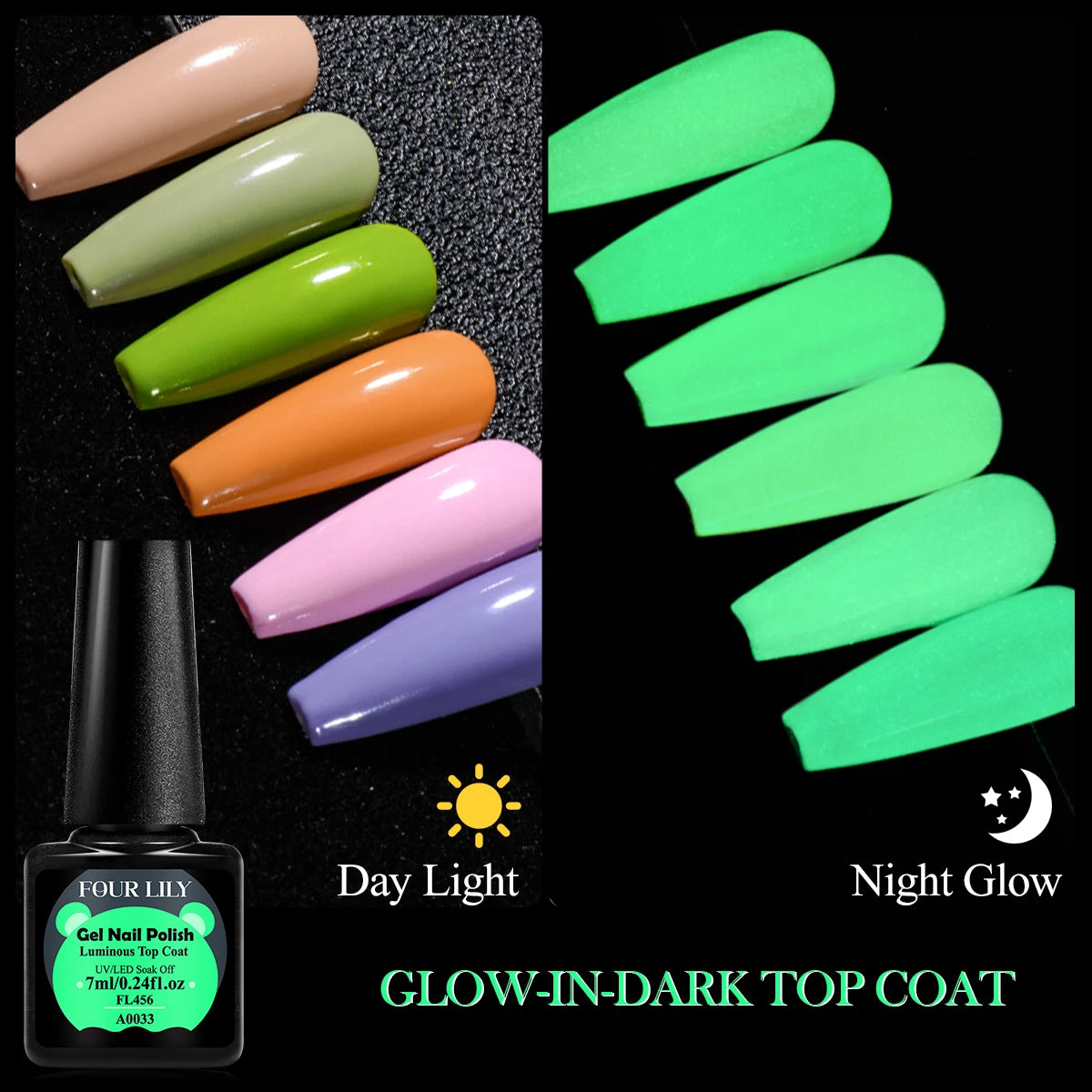 Four Lily 7ml Luminous Top Coat Gel Nail Polish Glow-In-Dark Glitter Semi Permanent UV Nail Art Gel Vernis For Manicure Design