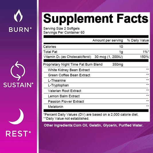 BEWORTHS 120pcs Night Time Fat Burnner Capsule for Women and Men Loss Weight Management Weight Slimming Tool Detox Burning Fat