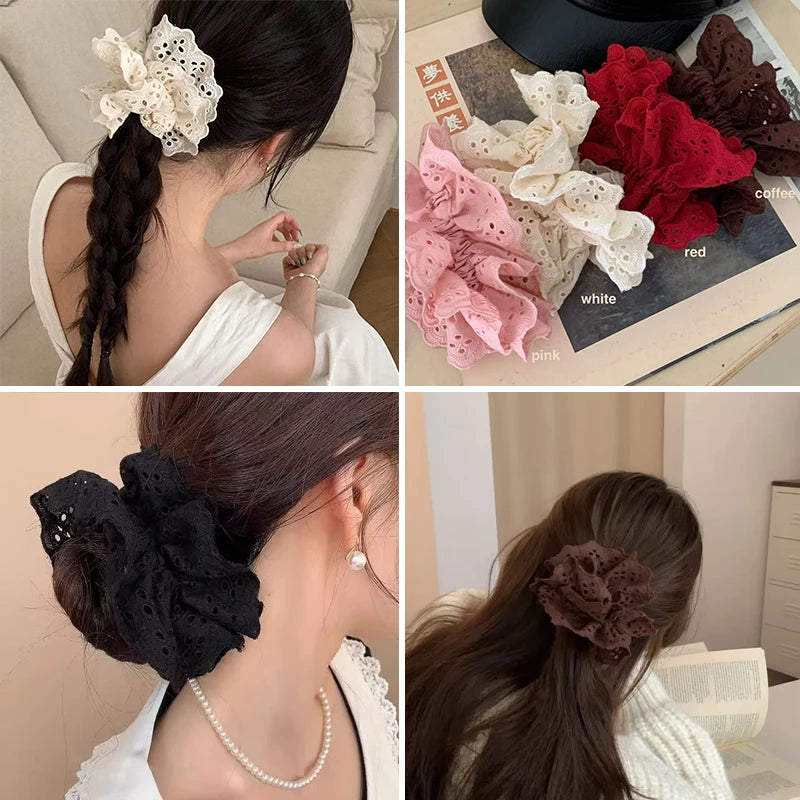 Lace Scrunchies for Women Elastic Hair Bands Ponytail Holders Tie Solid Color Hair Hoop Scrunchy Rubber Bands Women Hair Ring
