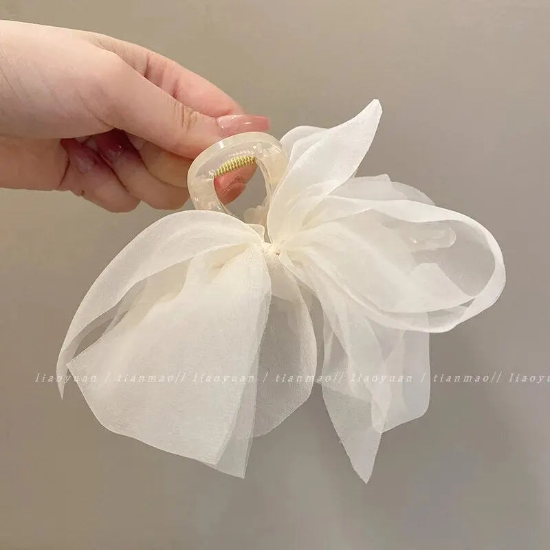 Fashion Mesh Tulle Large Bow Grab Clip Elegant Retro Female Net Yarn Ponytail Braid Claw Clip Hair Accessories Gift Headdress