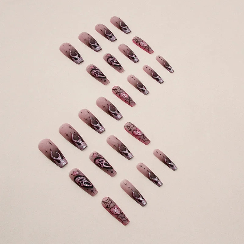24pcs Glitter Pink Sequins Fake Nails 2025 Halloween Scary Skull Love Print False Nails Wearable European Ballet Press on Nails