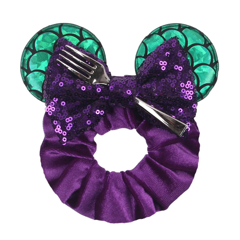 Disney Mouse Ears Velvet Scrunchies Hairband Women Elastic Ponytail Holder Girls Sequin Bow 2023 Kids Party DIY Hair Accessories