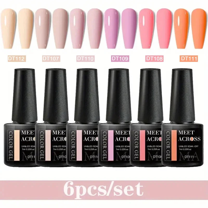 MEET ACROSS 6Pcs Gel Nail Polish Set Pink Red Green Macaron Color Manicure Kit For Nails UV Gel Nail Art Varnish Nail Supplies