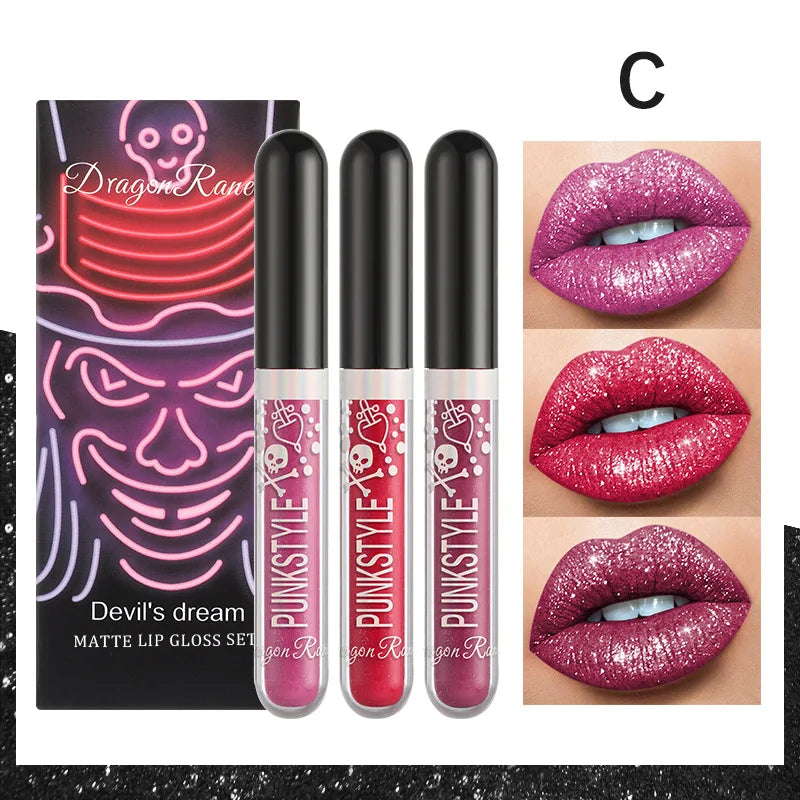 Halloween Lip Gloss Set, 3-Piece Non-Stick Shiny Lipstick, Glittery Purple and Black Lip Colors, Long-Lasting, Non-Transfer