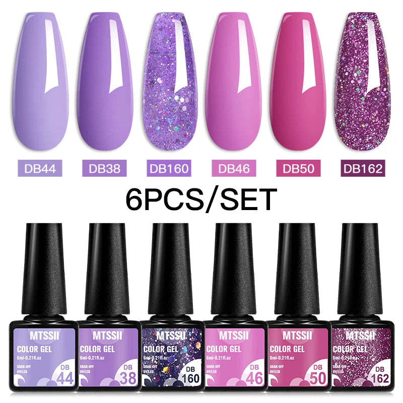Mtssii 6PCS/Set Sparkly Nude Pink Gel Nail Polish Glitter Semi Permanent Nail Art LED UV Soak Off Gel Varnish Nail Supplies