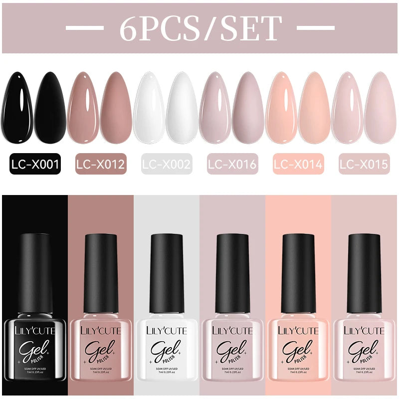 LILYCUE 6Pcs/Set Red Nude Glitter Gel Nail Polish Gorgeous Full Coverage Soak Off UV Gel Nail Art Base Top Coat Gel Polish Kits