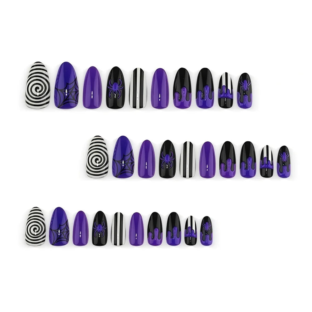 30pcs Gothic Purple Almond Press On Nails for Halloween Spider Wed Pattern Decor Fake nail tips Wearing Spicy Girls False Nails