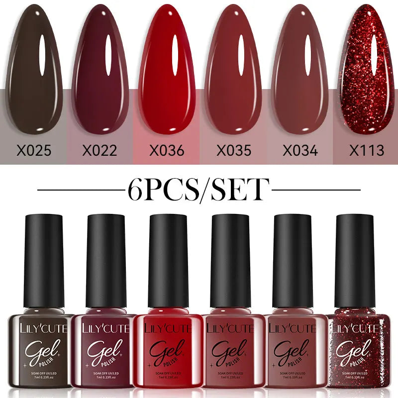 LILYCUE 6Pcs/Set Red Nude Glitter Gel Nail Polish Gorgeous Full Coverage Soak Off UV Gel Nail Art Base Top Coat Gel Polish Kits